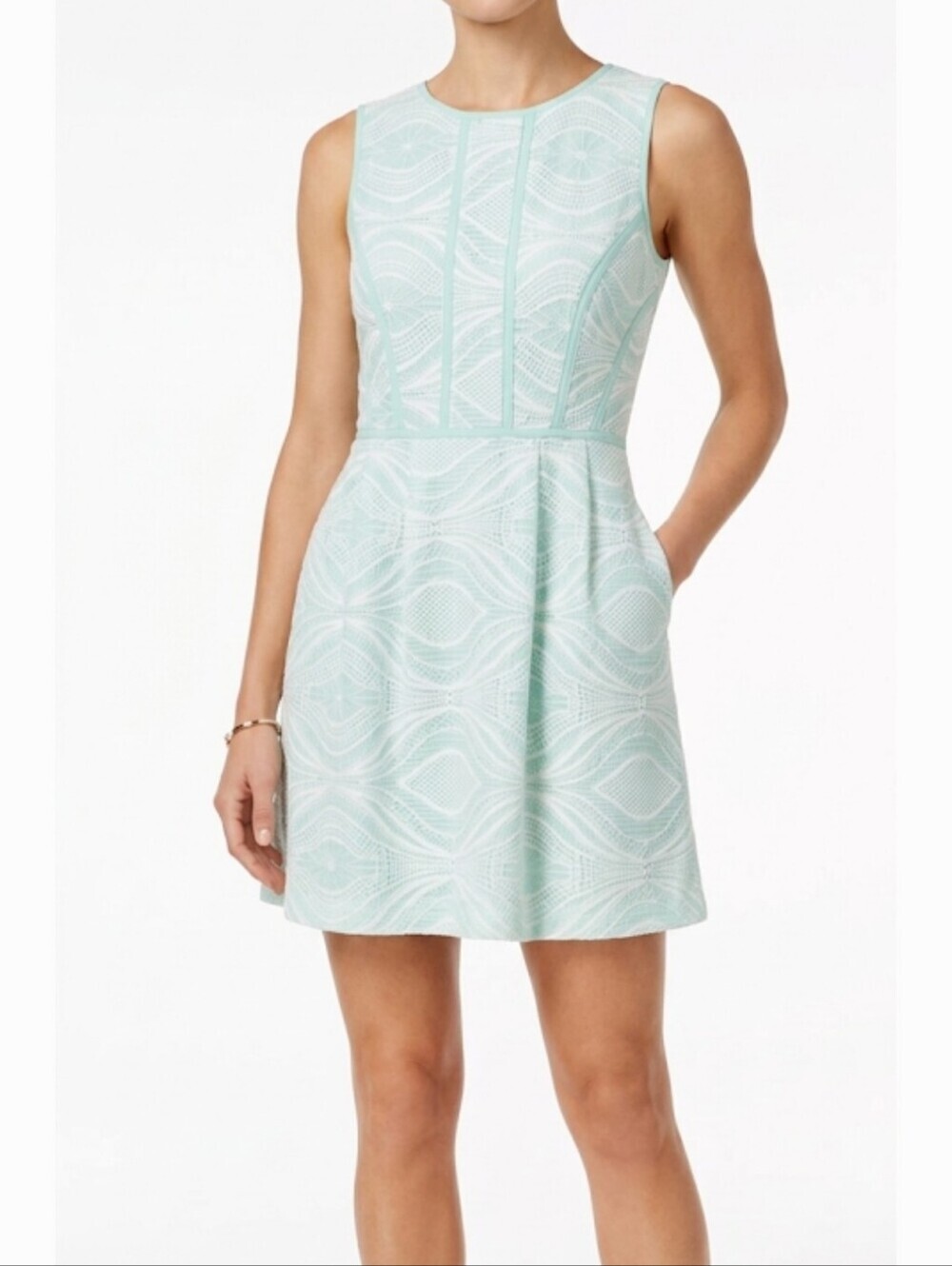 Tahari Sleeveless Mint Green Lace Shift Mini Dress Sz 6 Lined Bodice w/ Pockets